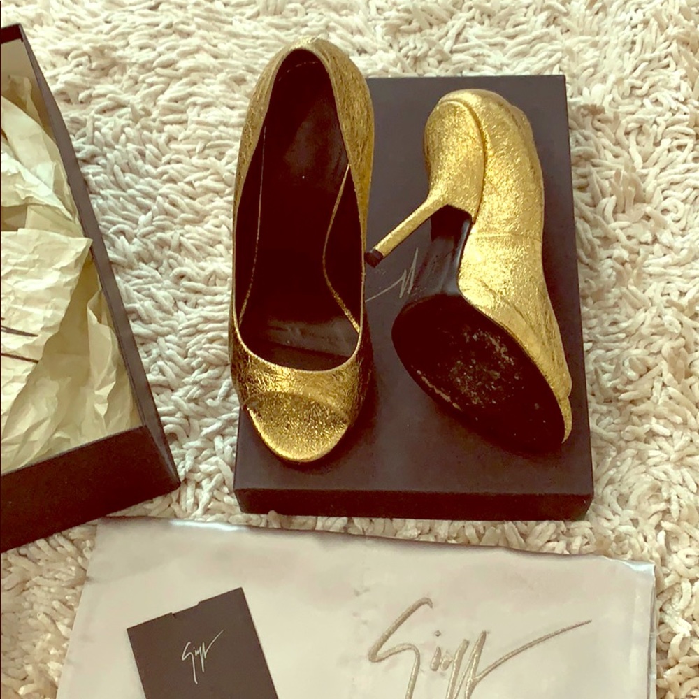 Gold peep toe heels